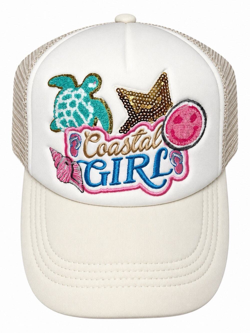 Coastal Girls Women’s Cream Trucker Hat Beach Turtle Starfish Mesh Snapback Cap